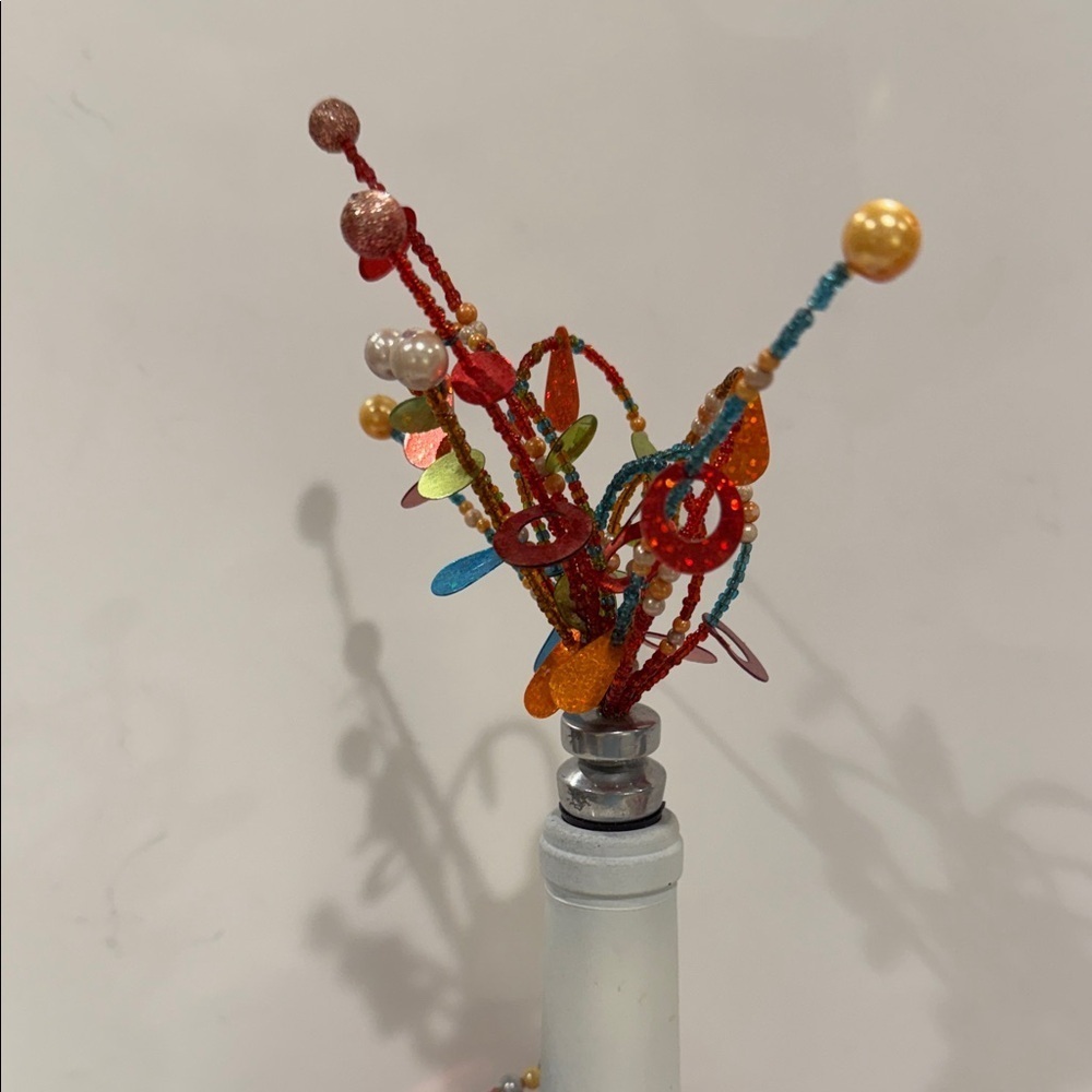 Decorative White Wine Bottle With Fireworks Beaded Stopper & Beads, Sequins Wrap - Picture 6 of 17